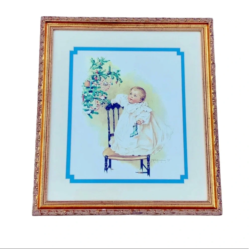 Vintage Maud Humphrey Baby’s first Christmas framed print tree gold frame